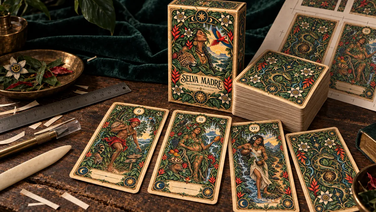 Cartas, reverso, caja y pliego A4 de Selva Madre en un taller de impresión