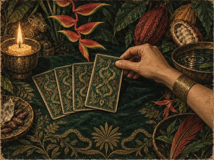 Una mano eligiendo una carta oracular entre símbolos de la selva