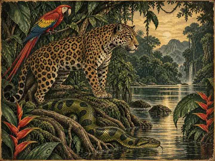 Jaguar, guacamayo y anaconda en un paisaje amazónico